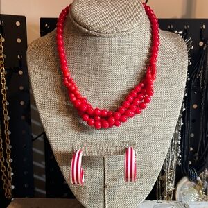 Red Beaded Necklace and Earrings Set